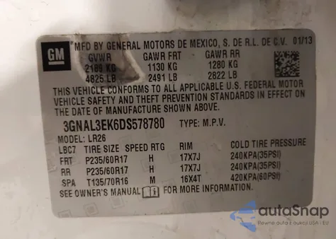 2013 Chevrolet Captiva Sport Lt из США, поврежденный, VIN 3GNAL3EK6DS578780